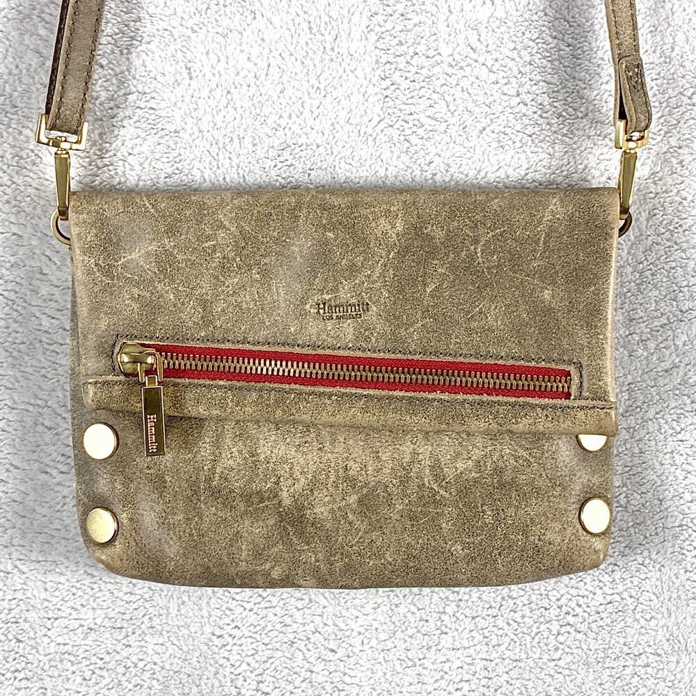 Hammitt VIP Small Crossbody Bag Pewter Leather Red Lining Zip Gold Studded Purse